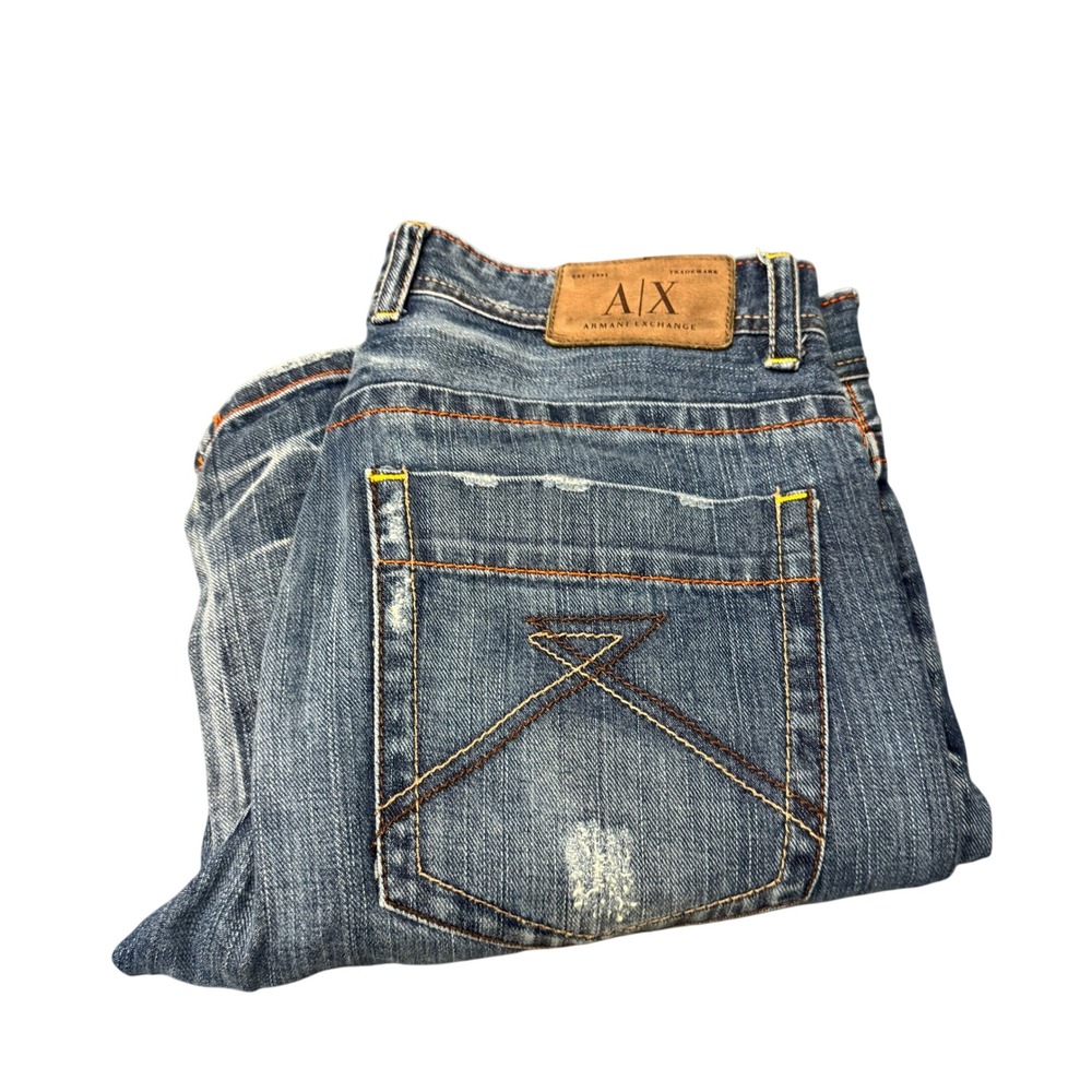 Armani Exchange Jeans Mens 31 (33x32 ACTUAL) Relaxed Fit Distressed Blue Denim